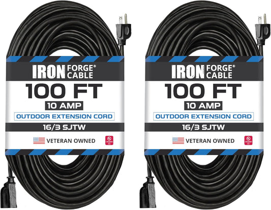 2 Pack Outdoor Extension Cord 100 Ft, 16/3 Heavy Duty Black Extension Cord Indoor & Outdoor 3 Prong, Multipack Weatherproof Exterior Power Cable for Lawn Lights, Landscaping